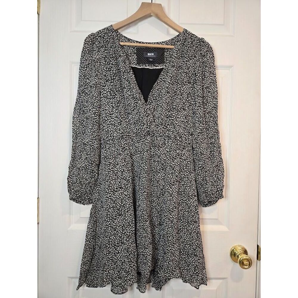 Maeve‎ Anthropologie Carolyn L/S Mini Dress Black White Leopard Print Size XS